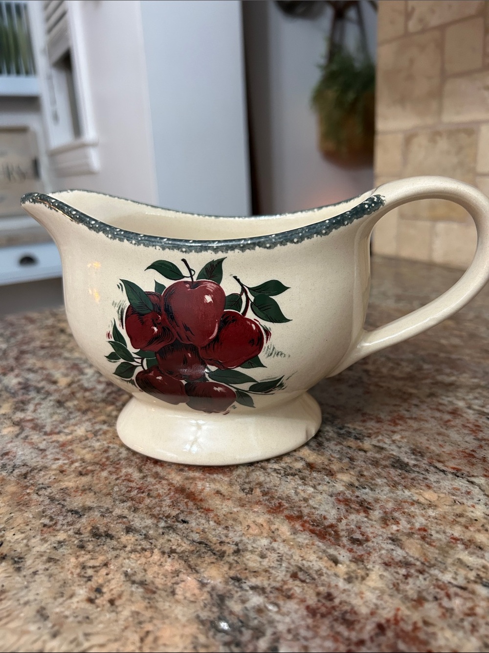 Home & Garden Party Cream Ceramic Gravy Boat with Red Apple Motif